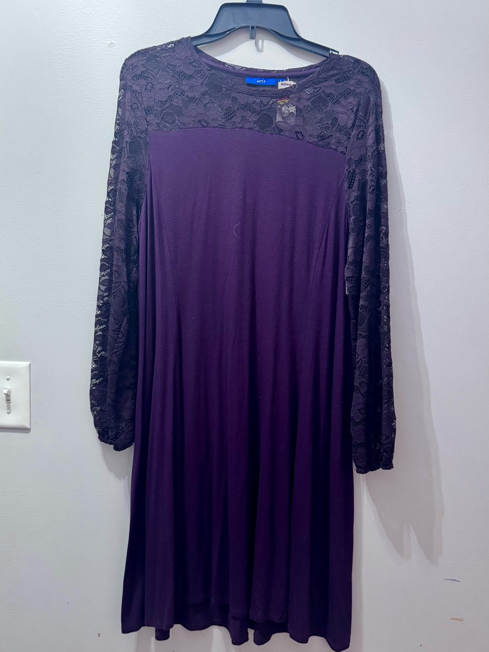 Apt. 9 Women's Purple Lace Yoke Long Sleeve Dress, Size L, NWT